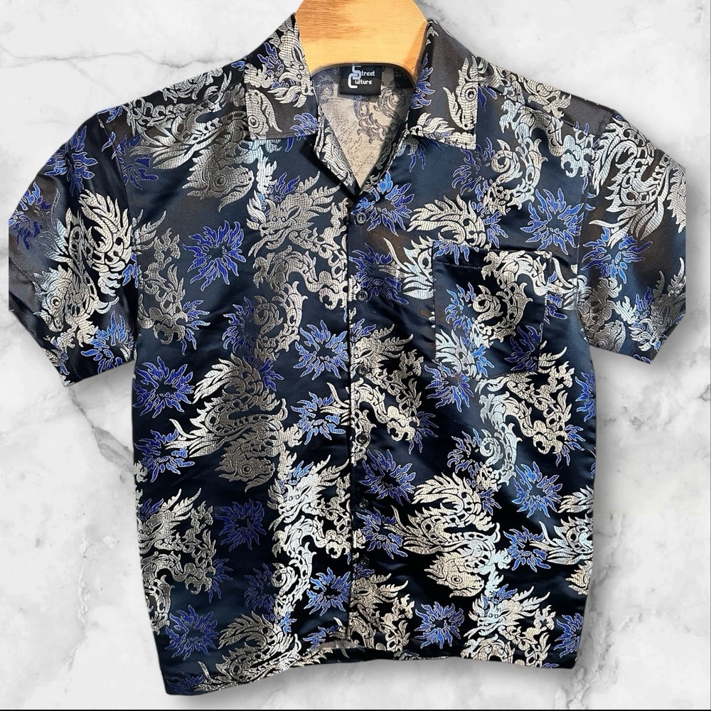 Street Culture Size Medium Button Front Y2K Shirt Metallic Dragons